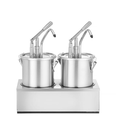 Zestaw: 2 x Pojemnik ze stali nierdzewnej do sosów z dyspenserem i podstawa z adapterem, HENDI, 9L, 400x200x(H)440mm 